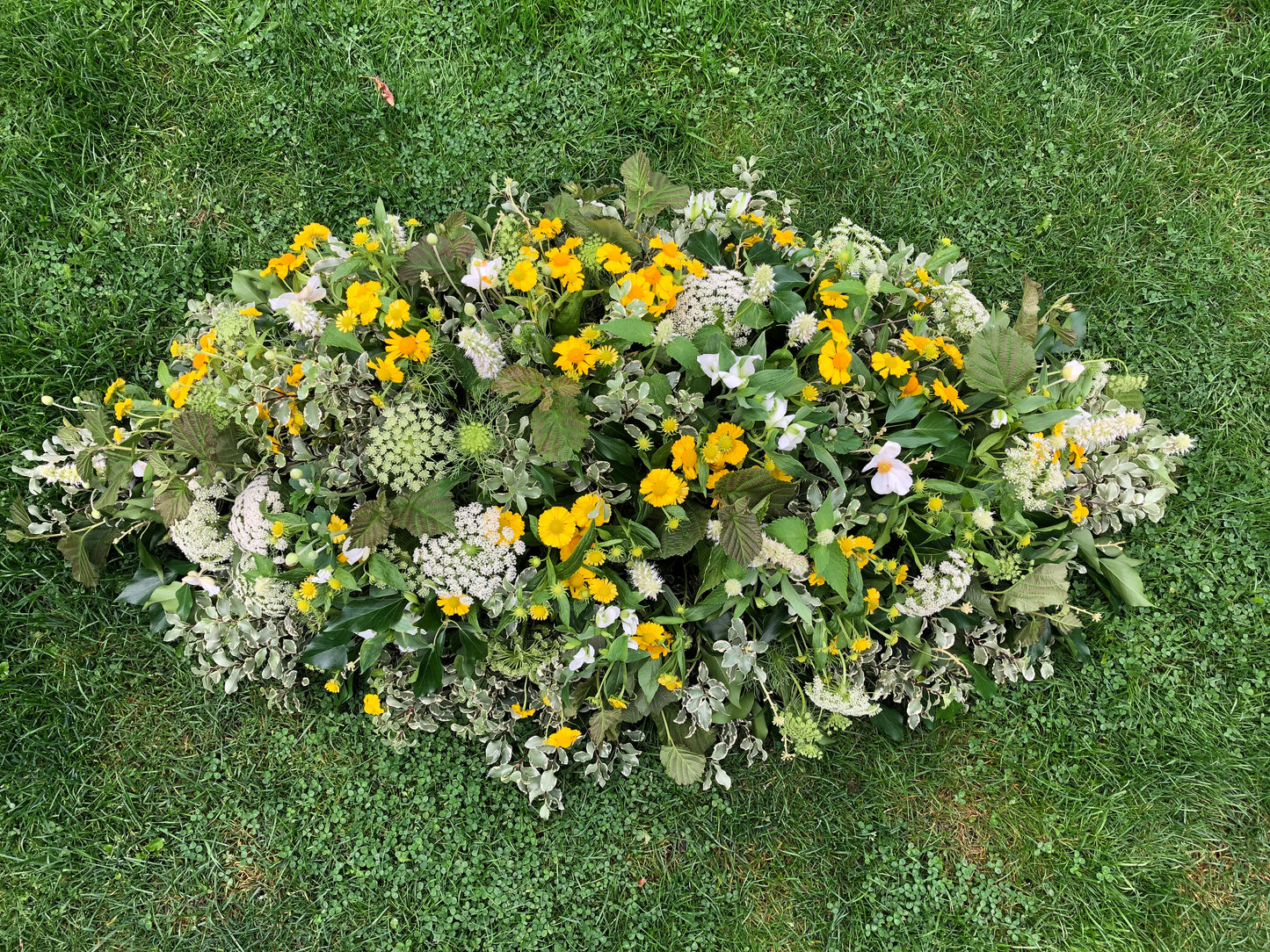 Casket Spray – Meadow Funeral Tribute Flowers (Hellebore, Helenium & Ammi)