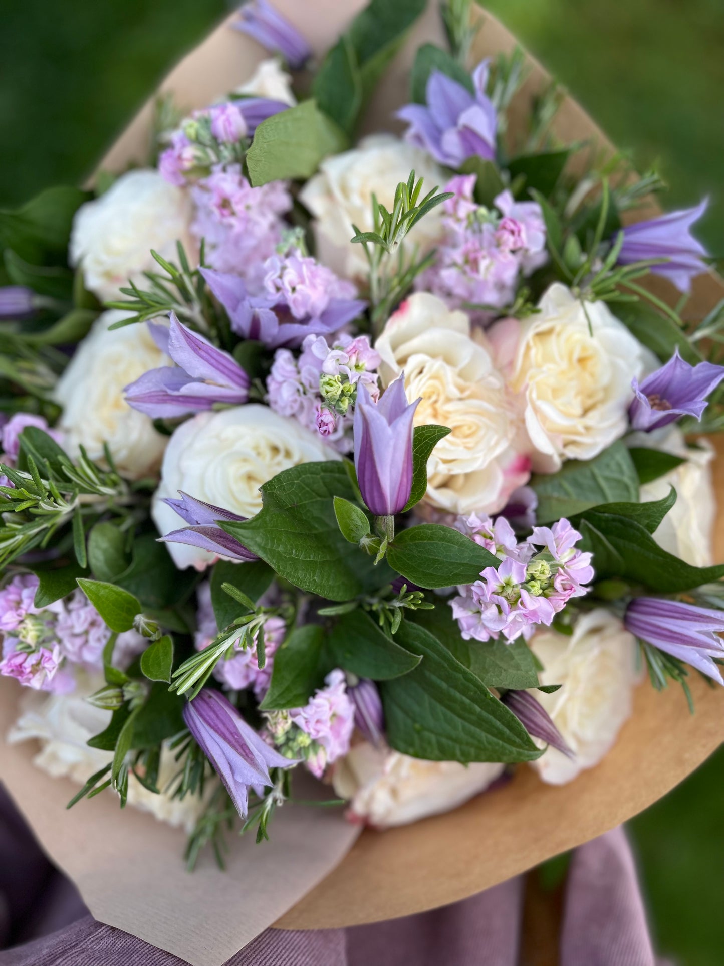 Stock, Roses, Clematis & Rosemary Hand-Tied Bouquet