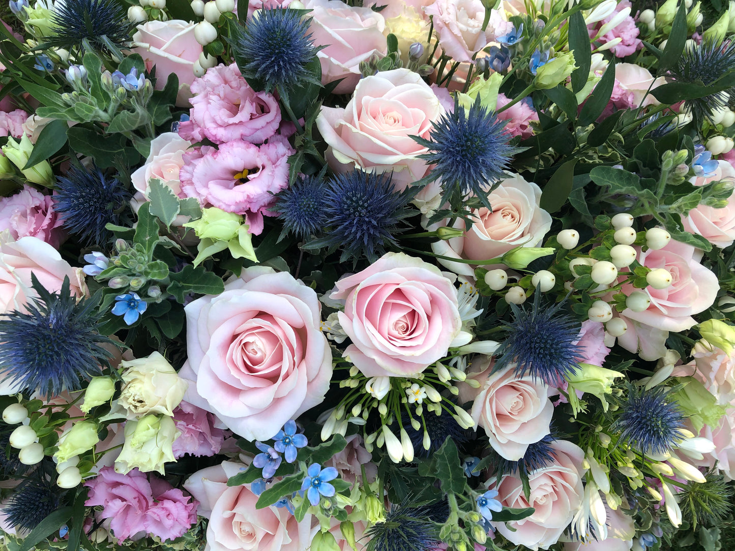 Casket Spray – Pink & Blue Funeral Tribute Flowers (Rose, Thistle & Agapanthus)