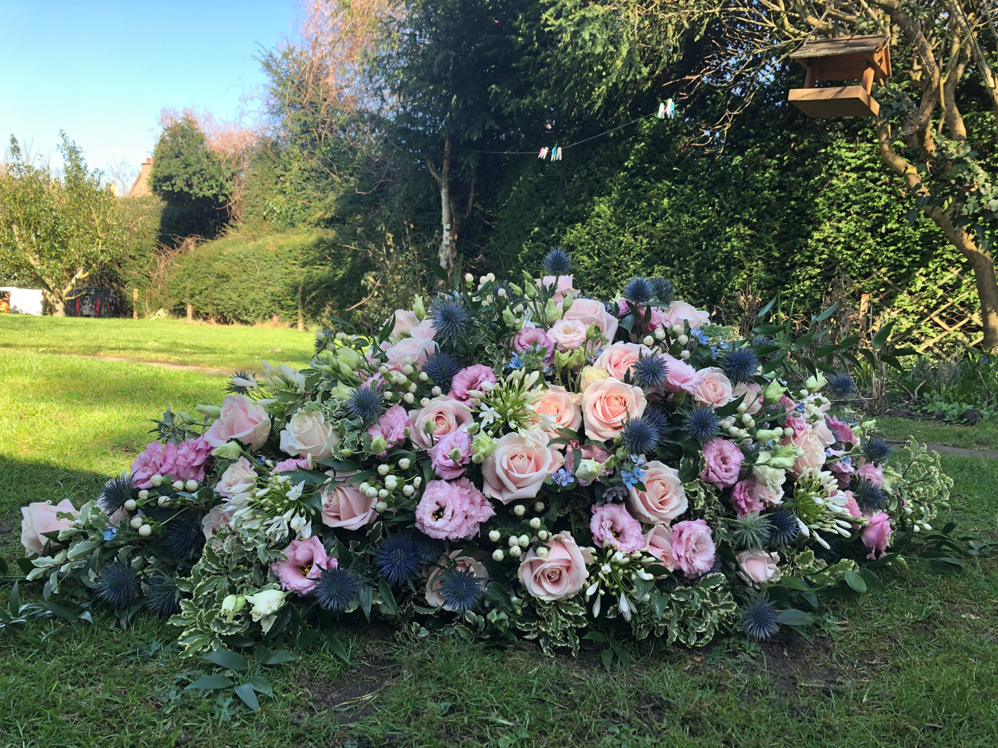 Casket Spray – Pink & Blue Funeral Tribute Flowers (Rose, Thistle & Agapanthus)