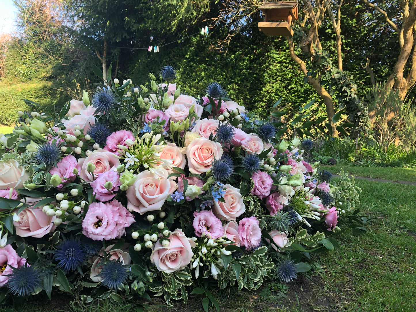 Casket Spray – Pink & Blue Funeral Tribute Flowers (Rose, Thistle & Agapanthus)