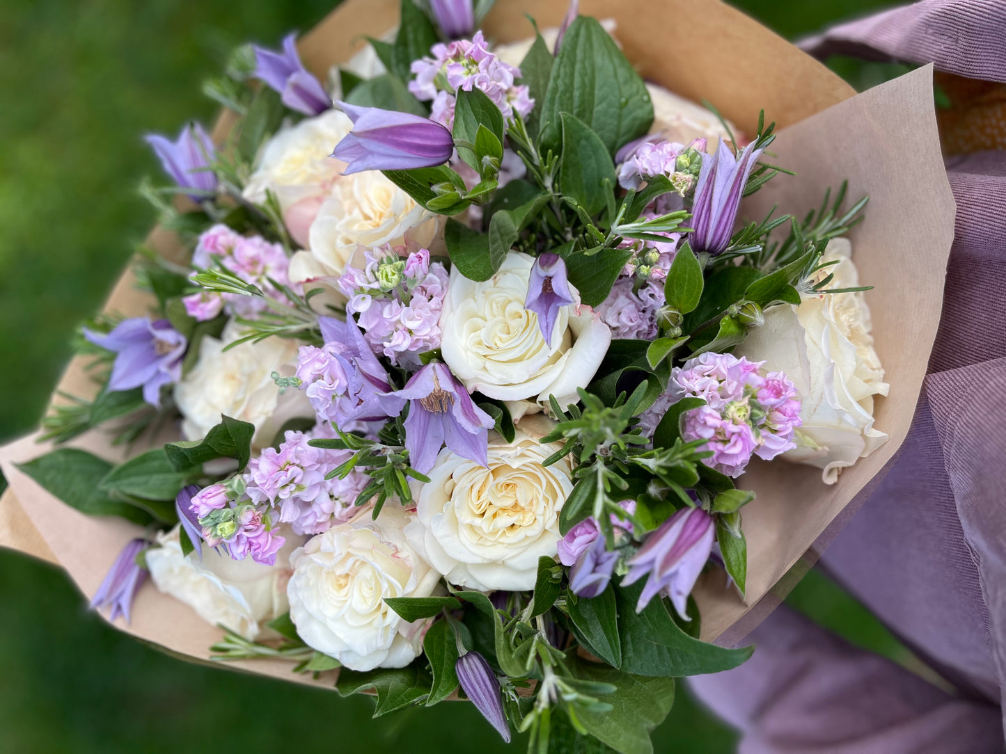 Stock, Roses, Clematis & Rosemary Hand-Tied Bouquet