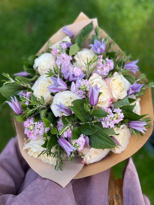 Stock, Roses, Clematis & Rosemary Hand-Tied Bouquet