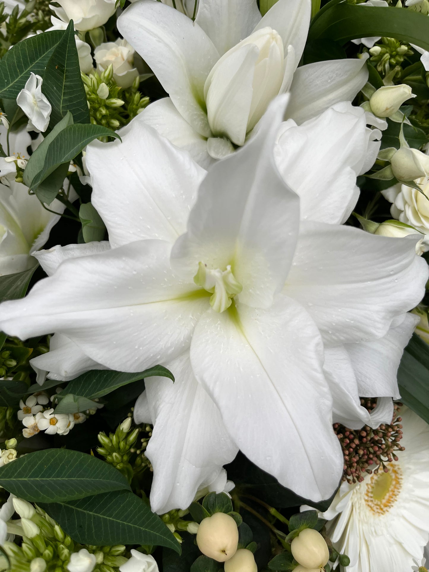 Casket Spray – White Funeral Tribute Flowers (Roses, Lily & Gerbera)