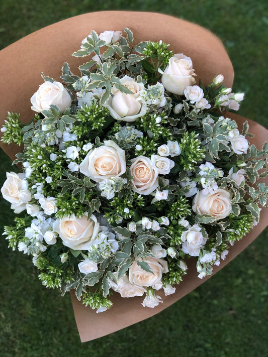 Foliage & White Rose and Phlox Hand-Tied Bouquet